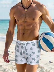 Manfinity Swimmode 男士休闲海龟印花弹力腰带泳裤，适合泳池和海滩穿着 - 彩色 - 查看 3