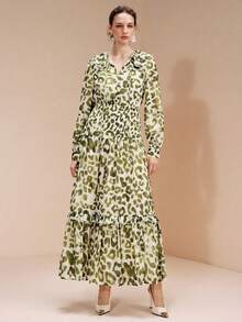 Arave Vestido largo con cuello en V, cintura ceñida y volantes en el bajo con estampado de leopardo, de moda para el día a día - Verde - Ver 5