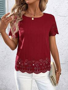 SHEIN Clasi Áo sơ mi mùa hè cỡ lớn, màu trơn, kiểu dáng thoải mái, khoét lỗ. - Đỏ - Xem 5