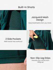 GLOWMODE 凉爽舒适，收腹提臀，无缝腰部褶裥裙，内置短裤，侧边口袋，防滑手柄，适合网球、高尔夫、健身房和日常休闲穿着。 - 綠色 - 查看 4