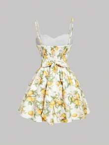 SHEIN MOD فستان بحمالات رفيعة باللون الأصفر مع ربطة عنق على الظهر بطبعة زهور الليمون الرومانسية للسيدات - متعدد الألوان - مشاهدة 4