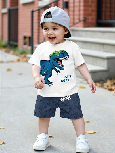 2pcs/Set Toddler Boys' Casual Dinosaur & Letter Print Short Sleeve T-Shirt And Shorts Set, Comfortable Daily Outfit For Spring, Summer & Autumn