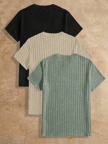 HIMLAND 男士纯色罗纹针织休闲圆领短袖T恤 男士针织上衣 男士休闲上衣 纯色T恤 100件装 男士T恤套装 男士针织上衣 - 彩色 - 查看 2