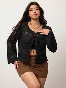 Enliva Cardigan Wanita Lengan Panjang Pendek Longgar dengan Ikat Depan Rajutan Ukuran Plus untuk Liburan, Cocok untuk Musim Dingin dan Gugur, Sedikit Transparan, untuk Bentuk Tubuh Apel & Bulat - Hitam - View 5