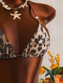 Swim SXY 2026 New Leopard Print Sequin Brown Drawstring Hem Skirt, Sexy Halter 3-Piece Bikini Swimsuit For Women - Multicolor - View 7