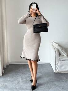 Modelyn Vestido ajustado de manga larga de punto acanalado con volantes en el bajo, para otoño/invierno - Caqui - Ver 6