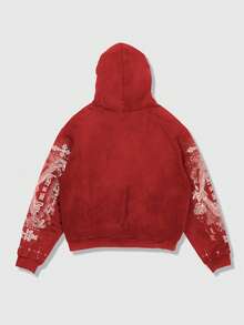 ROMWE MEN Street Life Men's Casual Fashion Street Angel Print Zip-Up Drawstring Hooded Fleece Sweatshirt, Warm For Autumn/Winter - Red - View 2