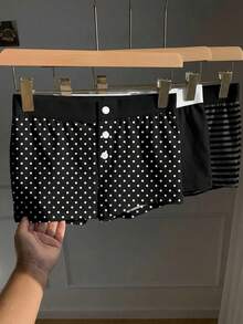 Comfortcana Quần short nữ thời trang cài nút, phối màu tương phản, co giãn, thoáng khí, thoải mái, nhiều màu in họa tiết sọc đen xám, đen trơn, chấm bi đen trắng, đồ mặc nhà dễ thương, đồ đi học, quần short chấm bi mùa thu dành cho nữ. - Nhiều màu - Xem 6