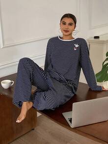 DAZY 2pcs Women Puppy Pattern Striped Loose Long Sleeve Pajama Set - Navy Blue - View 4