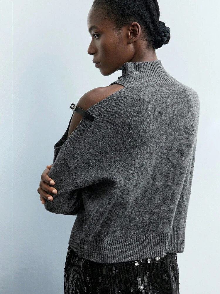 SHEIN Maija 2026 Women Cold Shoulder Sweater, Winter , Cozy Fall And Winter For Women, Women Autumn Winter, Halloween Costume, Christmas Sweater, For New Year ,Thanksgiving For Women, Modern Urban, Belt Buckle Design, Asymmetrical, High Neck, Long Sleeves, Women's Grey Sweater