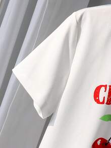 SHEIN 2件套女童樱桃图案休闲柔软针织T恤和条纹腰带拼接短裤套装 - 粉色 - 查看 6