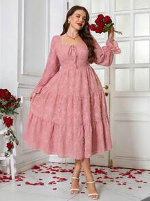 SHEIN Clasi Đầm dài tay thanh lịch, thắt eo bằng vải jacquard dành cho nữ cỡ lớn, thích hợp cho các buổi hẹn hò và tiệc tùng. - Hồng - Xem 5