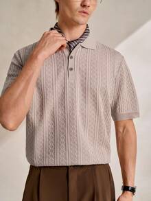 Manfinity CityGents 男士纹理 Polo 领短袖休闲针织上衣 - 杏色 - 查看 2