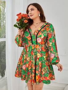 SHEIN VCAY Plus Size Elegant Floral Print Tie-Waist Backless Dress, Suitable For Commuting - Royal Blue - View 6