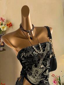 Attitoon Top tubo corto con cordón y nudo delantero casual para mujer - Negro - Ver 6