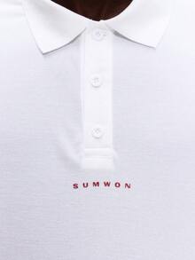 SUMWON Regular Fit Collared Polo Shirt With Angel Number Print Short Sleeve Casual Button Placket Top For Valentine's Day - White - View 7