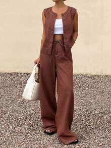 Livesso Women's Casual Sleeveless Top And Denim Pants Set - Coffee Brown - View 1