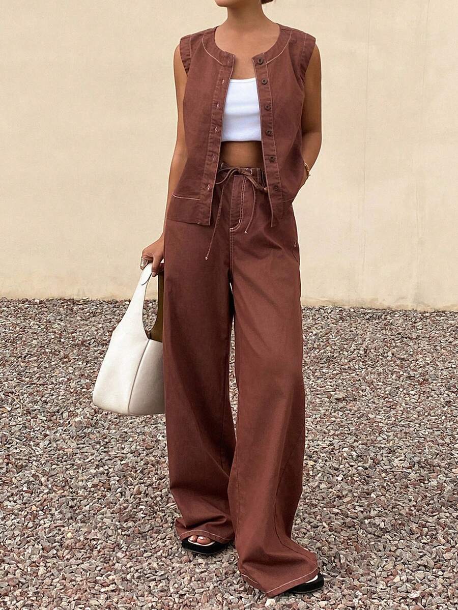 Livesso Women's Casual Sleeveless Top And Denim Pants Set - Coffee Brown - View 1