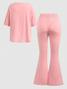 SHEIN Bộ đồ cho bé gái tuổi teen, kiểu dáng rộng rãi, tối giản, thoải mái, cổ tròn, tay ngắn, vai rớt, gồm áo và quần. - Hồng - Xem 2
