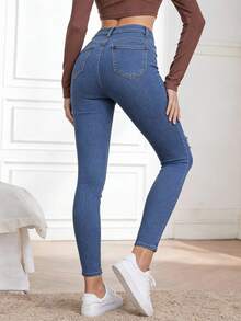 SHEIN PETITE 女士高腰口袋做旧修身休闲百搭牛仔裤 - 深色水洗藍 - 查看 2