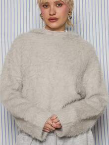 COUREZ Overhead Boxy Hoodie In Fury Knit /Y2K Spring Clothes For Women Cute Cozy Going Out Outfits Back To School Grey Fuzzy Hoodie Date Night Valentines Day