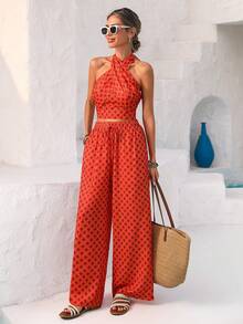 Vivid Eden 女士菱形图案露背吊带无袖上衣和斜插口袋长裤两件套 - 橘色 - 查看 4