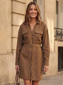 EMERY ROSE Women's Elegent Autumn Shades Of Brown Long Sleeve Shirt Dress,Everyday Solid V-Neck Button Front Cargo Pocket Belted Waist Metal D-Ring Short Dress - Brown - View 4