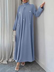 Yasmyna Women's High Neck Long Sleeve Pleated Elegant Arabic Dress - Blue - View 3