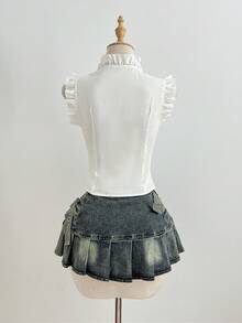 SHEIN Unity 女士休闲衬衫，饰有纽扣、荷叶边袖子和褶裥设计 - 白色 - 查看 2