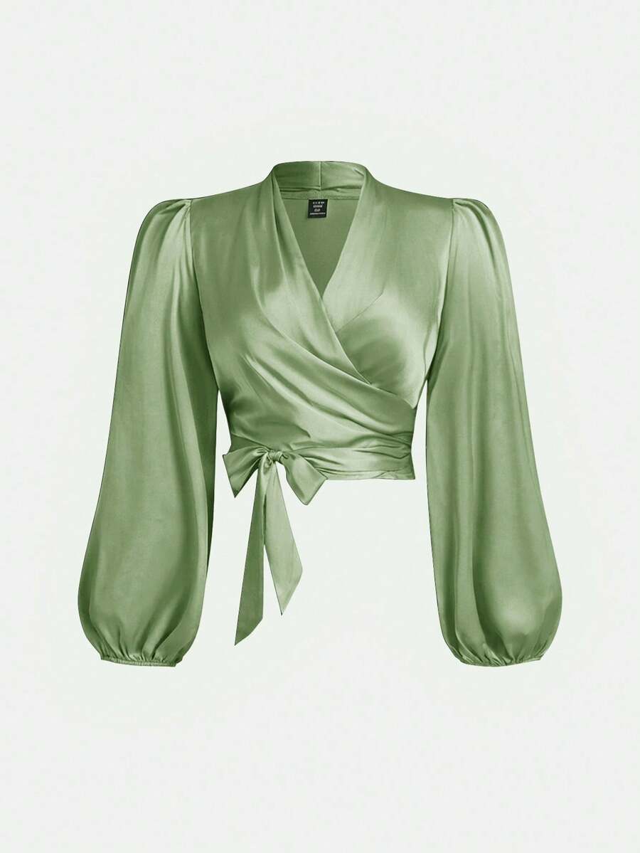 SHEIN MOD 加大码女式黑色裹身式蝴蝶结灯笼袖衬衫 - 綠色 - 查看 1