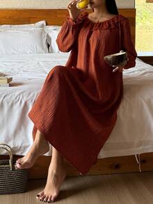 DAZY Women's Lace Ruffle Collar Tie Back Textured Chiffon Loose Lantern Sleeve Nightgown - Brown - View 6