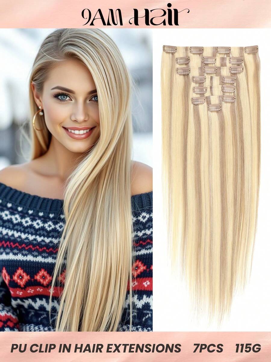 7pcs Seamless Clip In Human Hair Extensions, Beige Blonde Mix Medium Blonde With Platinum Blonde Hair Extensions Clip In Human Hair Invisible PU Skin Weft Natural Remy Human Hair Extensions - SP18/22/60 - View 1