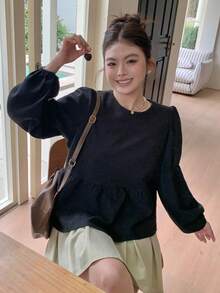Dazy Plus Black Lantern Sleeve Loose Fit Pullover Blouse, Round Neck, Spring/Autumn
