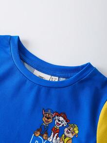 SHEIN | PAW Patrol 2pcs/Set Young Boy Letter & Cartoon Pattern Color Block Round Neck Short Sleeve T-Shirt And Shorts Set - Blue - View 3