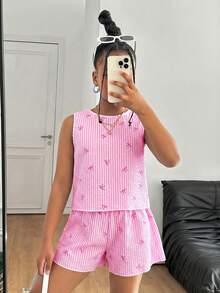 SHEIN 2pcs/Set Tween Girls Casual Textured Fabric Bow Back Camisole Top And Shorts Set - Pink - View 6
