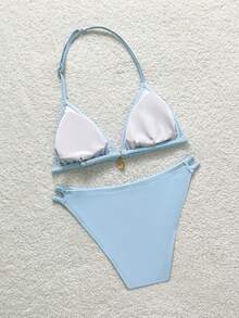 SHEIN Conjunto de bikini sólido para adolescentes para vacaciones de verano y playa - Azul - Ver 2