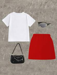 SHEIN Explorewe 2件套少女休闲时尚春夏短袖T恤裙套装，可爱少女图案设计，短袖圆领T恤搭配工装裙，舒适的短袖圆领T恤和打底裤，适合春夏穿着，时尚休闲，街头风，户外野餐，校园，节日，礼物 - 彩色 - 查看 2