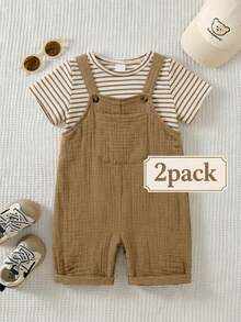 SHEIN Playful Pals 2pcs Baby Boys Toddler Infant Kids Retro Boho Casual Brown White Striped Print Short Sleeve Round Neck T-Shirt Tee Top And Solid Color Khaki Crinkled Texture Suspender Shorts Overalls Dungarees Shortalls Jumpsuit Set With Pocket Soft Lightweight Comfortable Outfit Sets Clothes For Summer Beach Vacation Photo Shoot Brown Baby Clothes Mocha Baby Clothes Woodland Baby Clothes Baby Boy Overalls - Beige - View 10