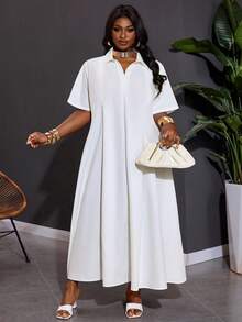 SHEIN CURVE+ Curve 尺码 US22 音乐节、海滨度假、波西米亚风夏季新品 休闲通勤纯白色宽松短袖V领褶皱A字长款衬衫裙 - 白色 - 查看 5