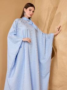 SHEIN Najma Elegant, Luxurious Beaded Decor Off-Shoulder Flowy Dress, Loose Fit, Fashionable & Charming Kaftan Jalabiya Dress Abayas Dubai Luxury - Blue - View 6