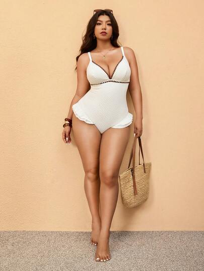 Elaquor Plus Size Women's Textured Fabric Contrast Binding Ruffle Hem One-Piece Swimsuit, Sexy Beach Vacation Holiday Style Spring/Summer Outfit Women Spring/Summer Swimsuit For Women