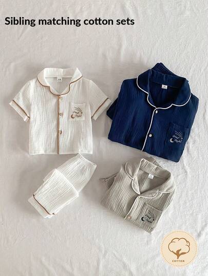 Tween Boys Navy Cotton Pajamas-2 Piece Pajama Set Spring To Summer Button Front Short Sleeve Long Sleeve Collared Top Long Pants Nightwear Matching Sibling Sets Navy Cream Gray Piped Trim Comfortable Lightweight All Season 2026 Holiday Essential Stylish Design