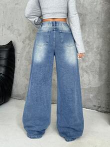 SHEIN PETITE Quần jean ống rộng dày dặn dành cho nữ, cạp chéo, màu xanh dương. - Rửa nhẹ - Xem 2