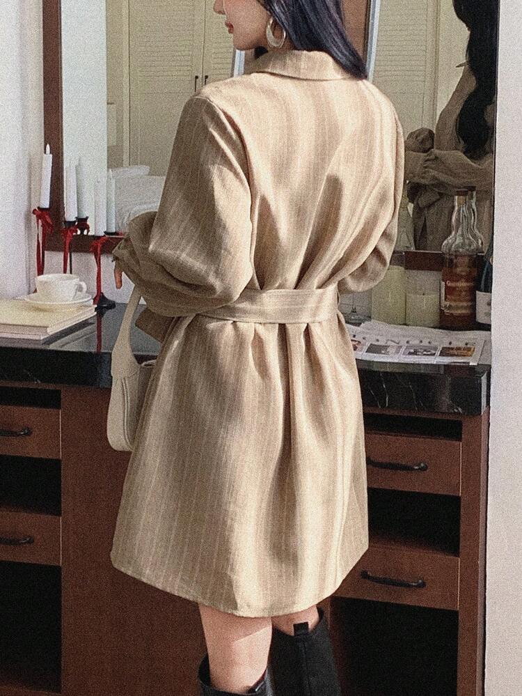 Women's Striped Long Sleeve Single-Breasted Casual Pocket Shirt Dress Sundress