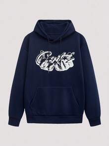 Open Phase Men's Casual Everyday Commute Minimalist Printed Kangaroo Pocket Drawstring Hoodie, Autumn/Winter - Navy Blue - View 1