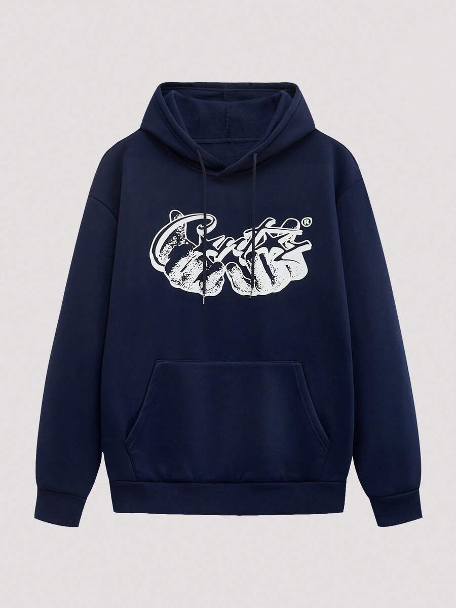 Open Phase Men's Casual Everyday Commute Minimalist Printed Kangaroo Pocket Drawstring Hoodie, Autumn/Winter - Navy Blue - View 1