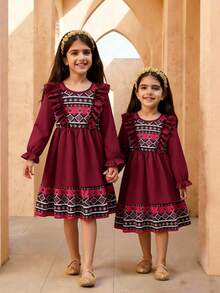 Rochie elegantă pentru fete, cu imprimeu retro, decolteu rotund, tiv cu volane, mânecă lungă, linie A, casual, potrivită pentru vacanță, călătorii, Crăciun, Ziua Îndrăgostiților, purtare zilnică, primăvară/toamnă/iarnă