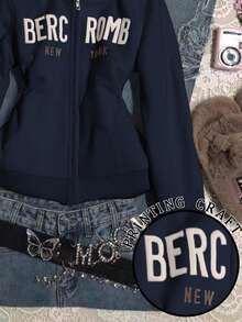 Glimmora Women's Letter Print Long Sleeve Zip Front Casual Sweatshirt - Navy Blue - View 5