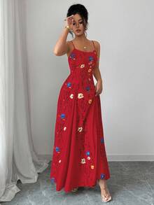 Elenzga Váy yếm họa tiết hoa dây mảnh cho nữ, phong cách nghỉ dưỡng - Đỏ - Xem 6