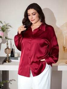 Modelyn Plus Size Women Loose Fit Satin Long Sleeve Shirt, Suitable For Commuting, Autumn - Burgundy - View 12